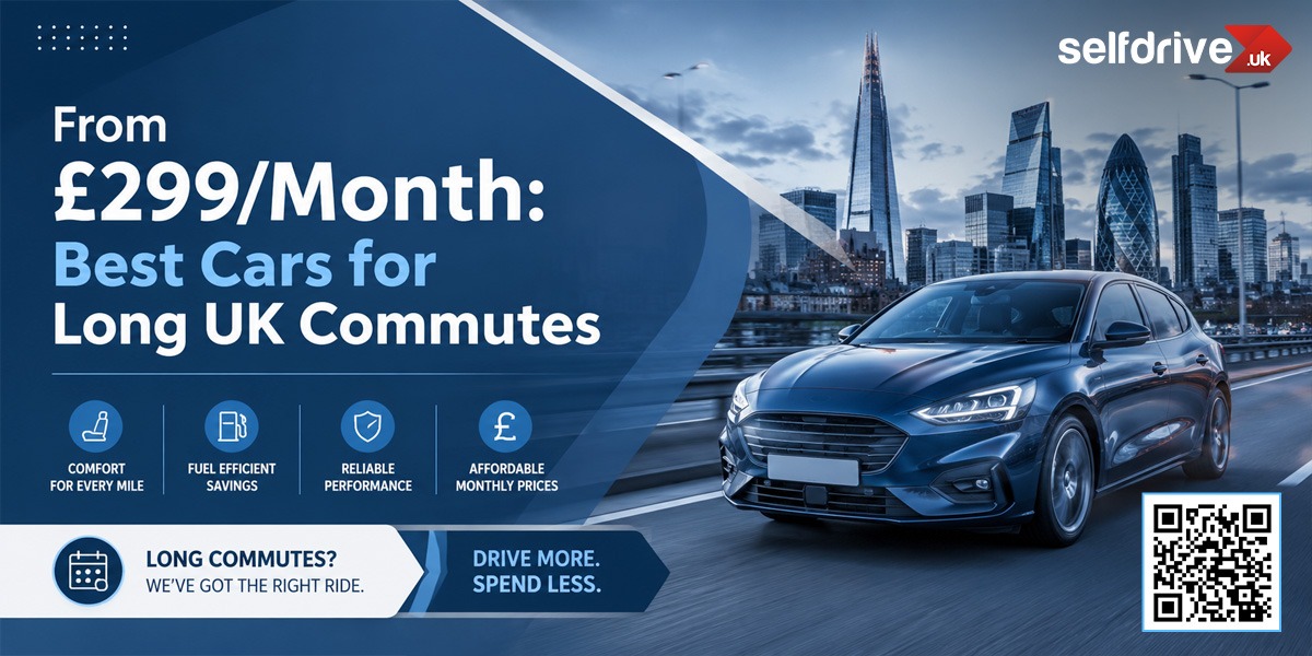 From £299/month: best cars for long UK commutes, featuring a car, London skyline and SelfDrive UK branding.